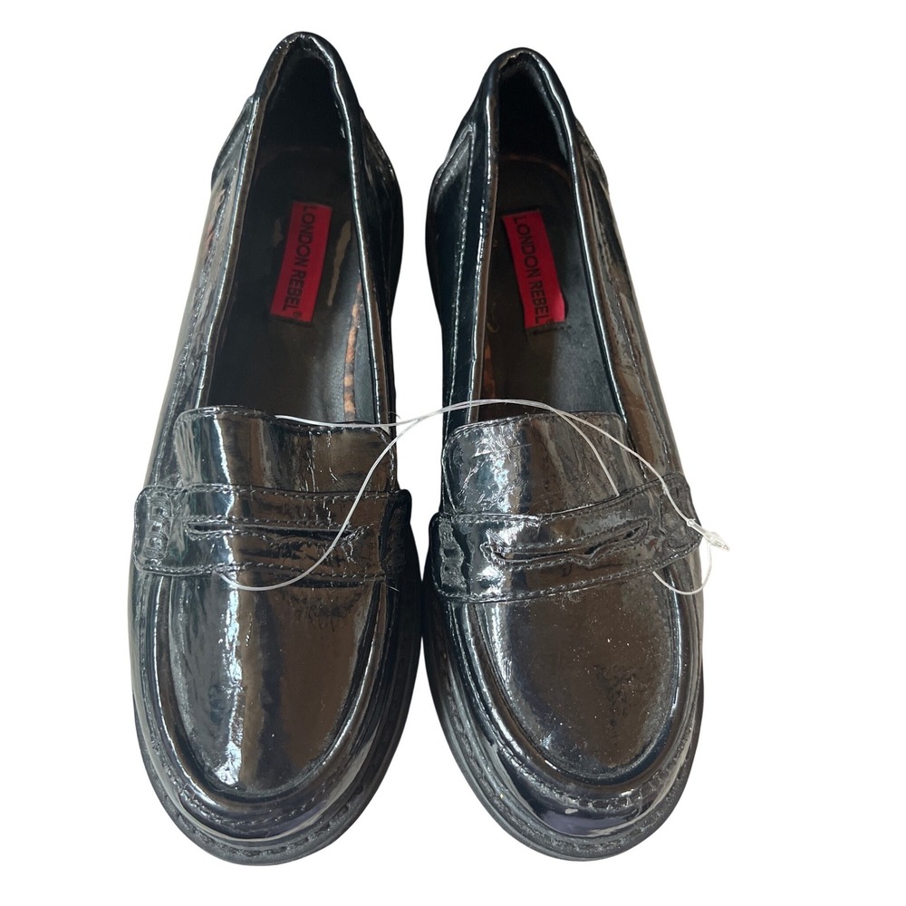 London Rebel LR-DEVON 7 Black Patent Platform Penny Loafers Womens 7